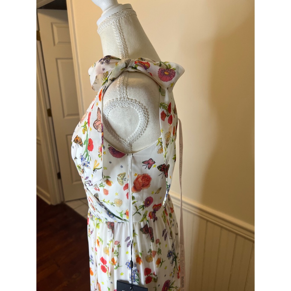 Mac Duggal Floral Butterfly Print Tiered Maxi Dress White V-Neck Tie Shoulder 4 - Picture 10 of 16